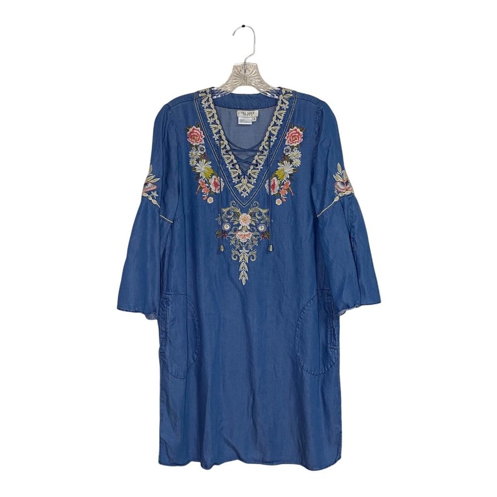 Try Luxe Jeans Chambray Dress Pockets Embroidered